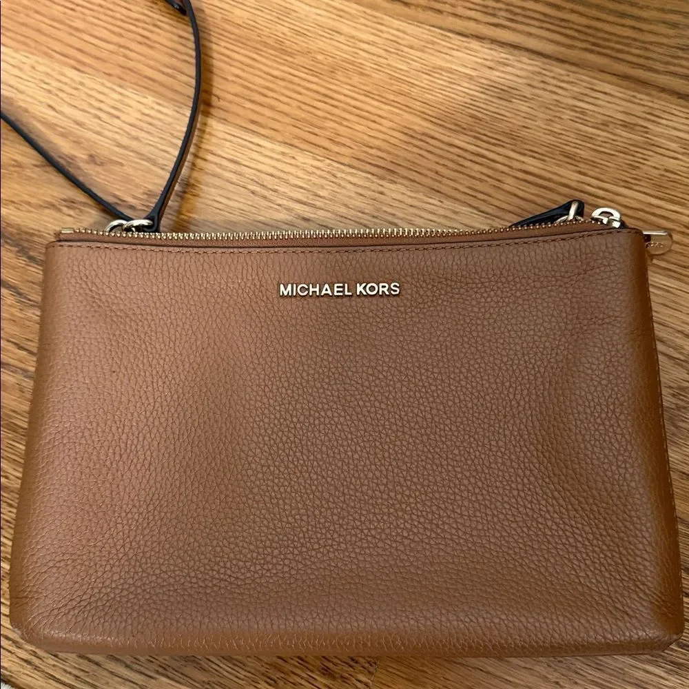 Michael Kors Brown Pebbled Leather Crossbody Bag Double Zip Small Purse